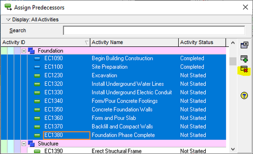 Primavera P6 assign predecessors schedule tasks