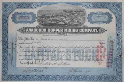 Anaconda Mining Company Stock Certificate