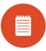 White notebook icon on a red circle background