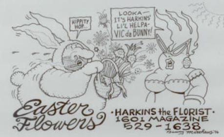 A hand-drawn cartoon of Vic dressed as an Easter Bunny hopping toward Nat'ly with a basket of flowers