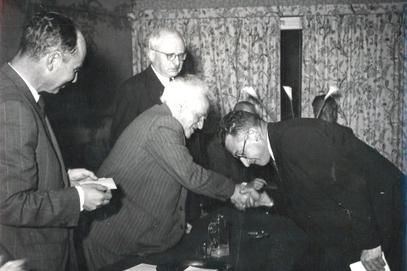 Oren, the Winner, Recieving his prize from Ben Gurion. Barav on Left.