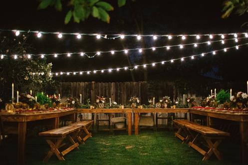 Rustic Parties farmhouse tables and benches Backyard Rehearsal Dinner Thanks to photographer Shane Cox Photography and AC Floral & Events for the floral and design. :)