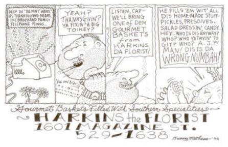 A hand-drawn cartoon of the phone ringing and Vic speaking about the harkins gourmet baskets to someone with a wrong number
