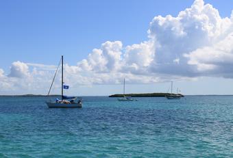 Sailing boats anchored on the blue waters of the Caribbean Islands