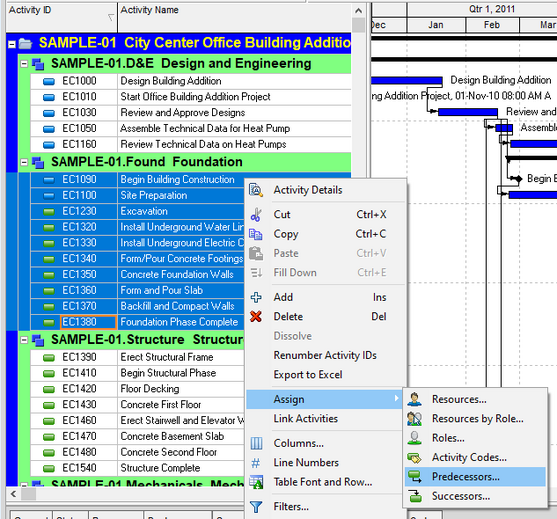 Choose assign predecessors in Primavera P6