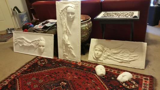 Plaster of Paris Relief women muses faces hand carved sculptures hanging wall art by artist Jamey Alexander