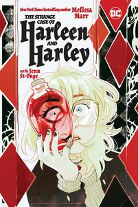Harley Quinn as a teen, looking through a red bottle. Book cover.