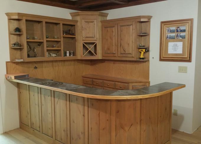 Custom Cabinets Corner Bar with Radius Panel Back in Rustic Alder