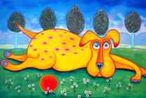Tired dog with ball whimsical children's art seattle artist Ian Turner