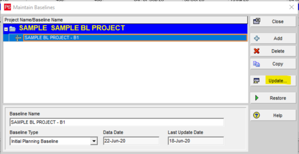 Update Primavera P6 baseline