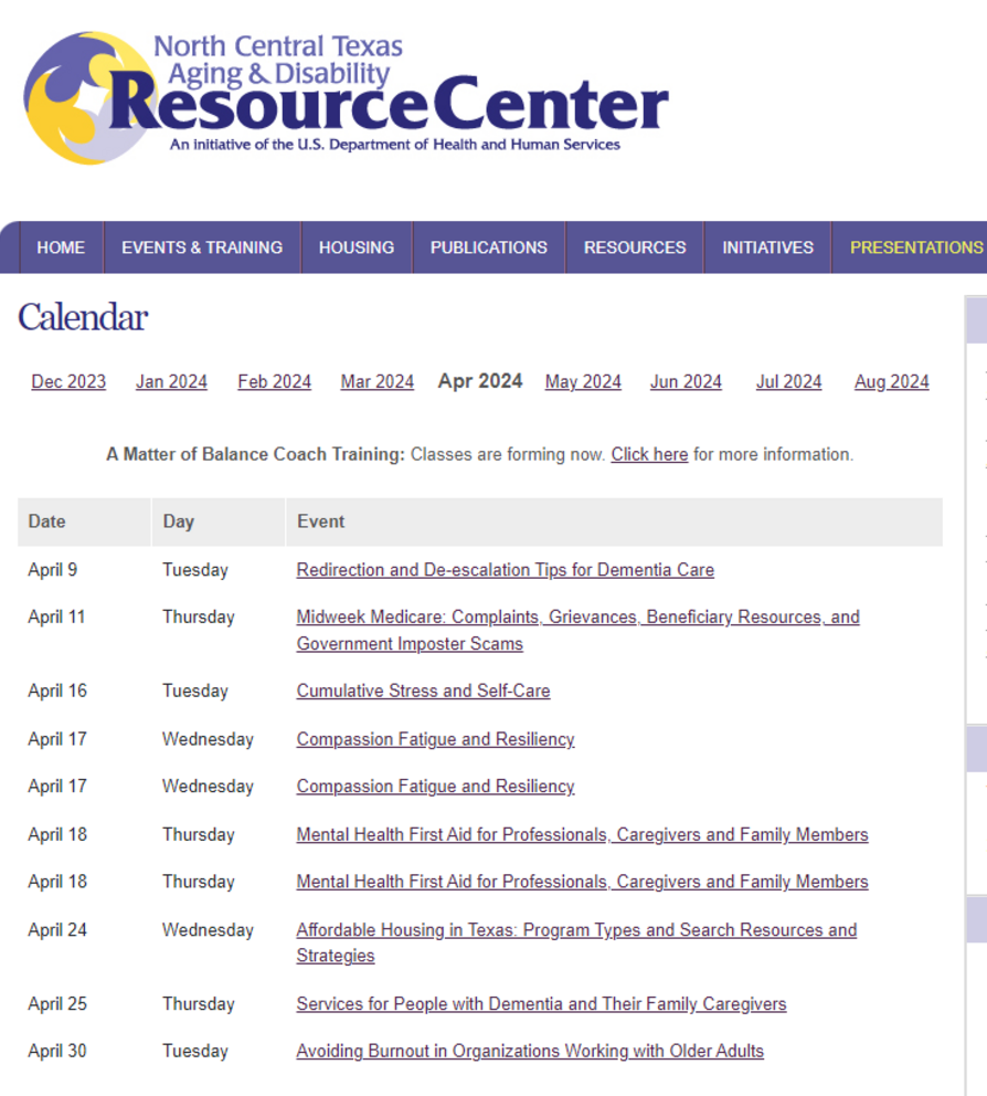 Programs available from the North Central Texas Aging & Disability Resource Center