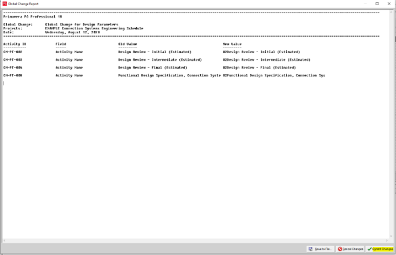 Primavera P6 global change report and accept changes