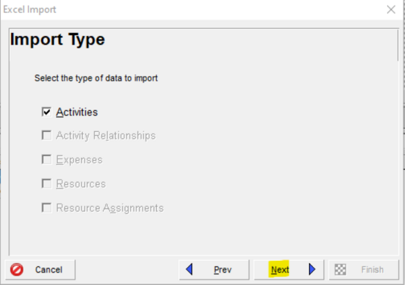 Primavera P6 import type and select activities