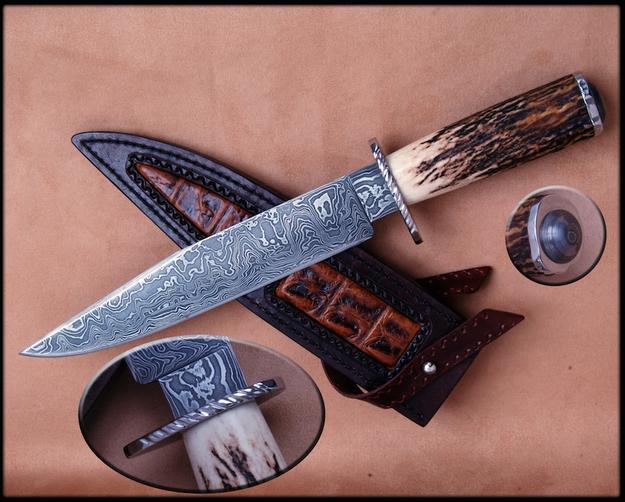 Random Pattern Damascus Bowie with Stag Handle