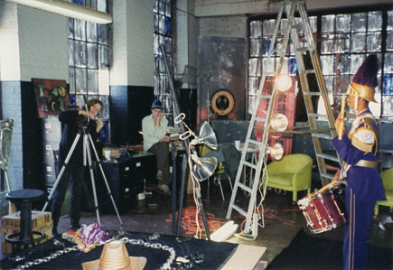 Dawn DeDeaux filming St Augustine Band Drummer in her studio in 1995 with studio assistant Mac Taylor