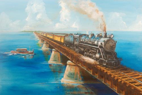 Florida keys railroad train steam locomotive bridge painting