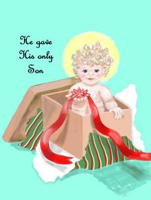 Baby Jesus as gift. Painting.