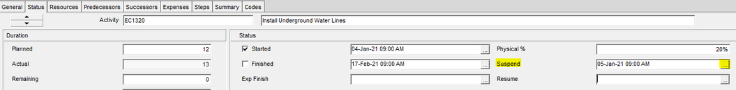 Use status tab in Primavera P6 to suspend project work