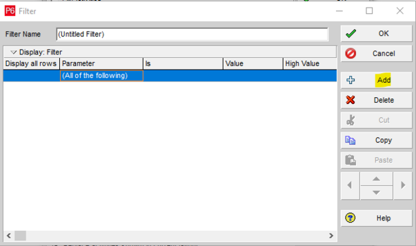Select parameter column in Primavera P6 filter window