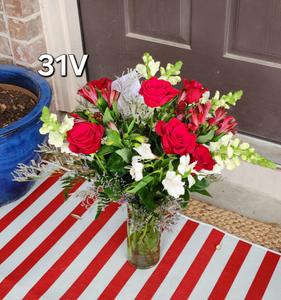 gorgeous V day flower vase with red roses and white flowers and grey greenery in Helotes, TX