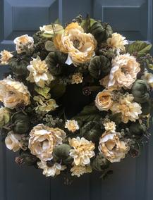 Cream and Green Fall Designer Wreath Dark Green Velvet Pumpkins