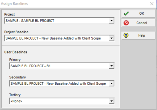 Assign Primavera P6 baselines dialog box