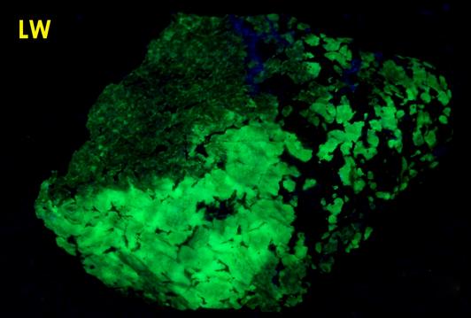 SW LW fluorescent Willemite, red Zincite, black Franklinite - Franklin Mine, Franklin, Franklin Mining District, Sussex County, New Jersey, USA - type locality