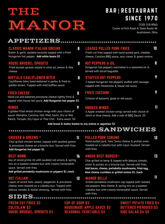 The Manor Restaurant Menu