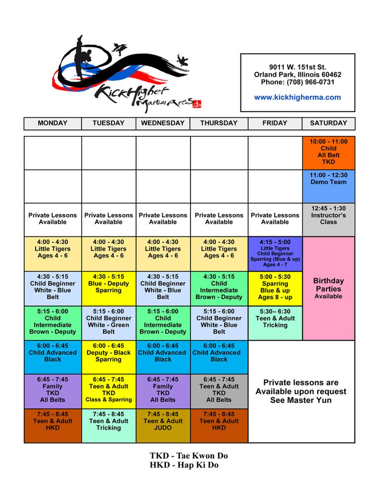 Kickhigher Martial Arts Class Schedule