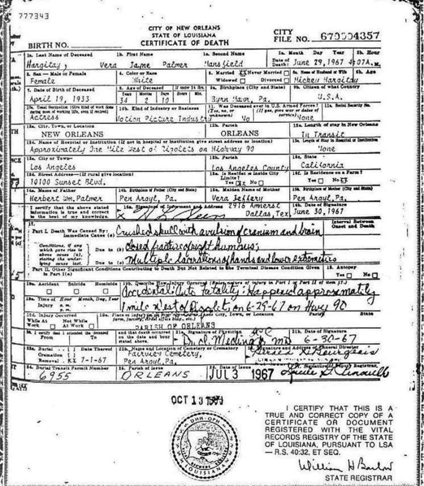 Mansfield autopsy report jayne Jayne Mansfield