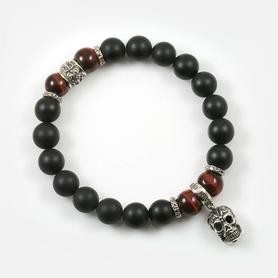 Iron Face Skull Sterling Silver with Red Tiger Eye mate Black Onyx Beaded Bracelet