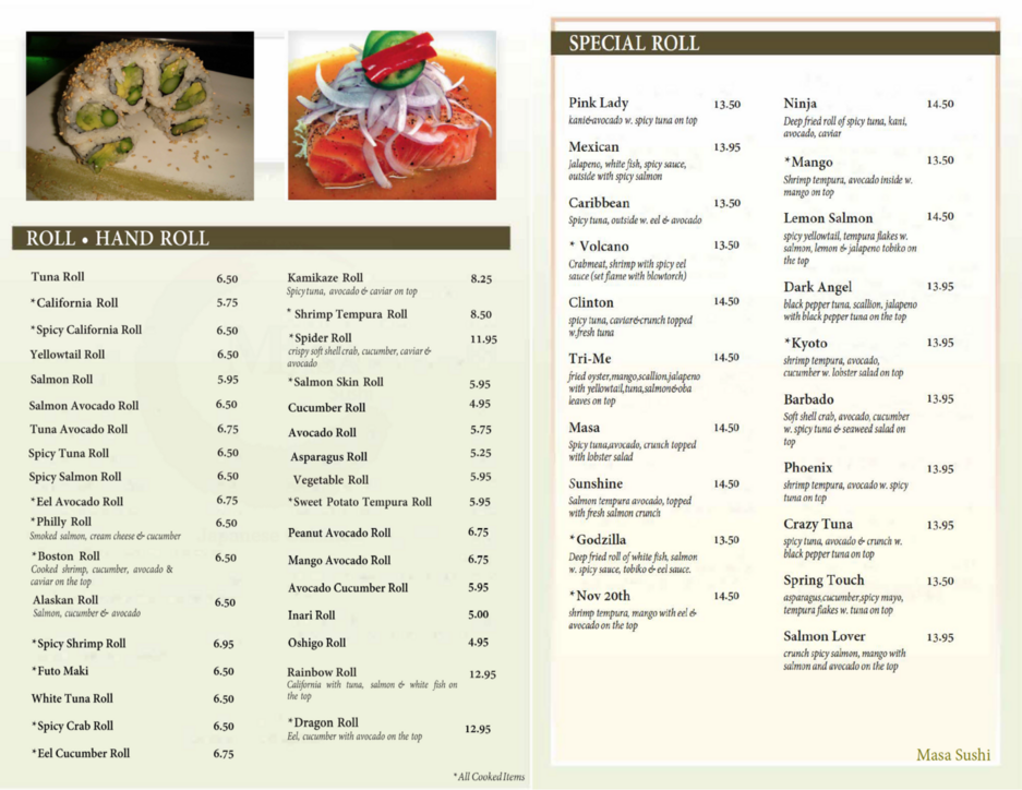 Sushi masa outlet menu