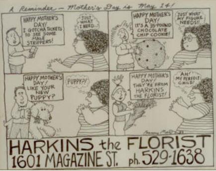 A hand-drawn comic of a mom receiving different gifts from her kids, but only liking the flowers from harkins
