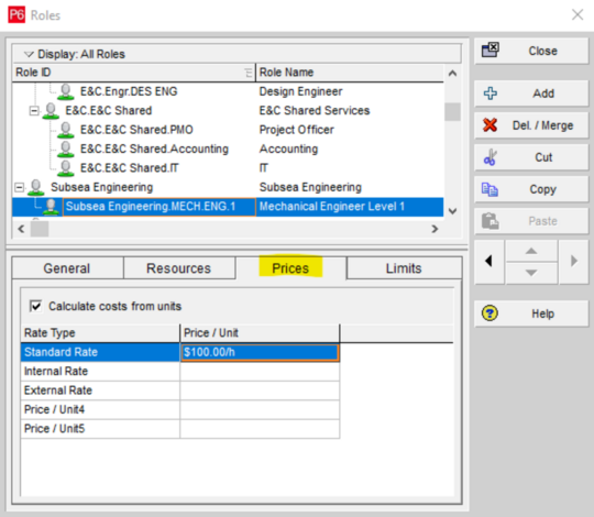Select and set Primavera P6 prices for roles