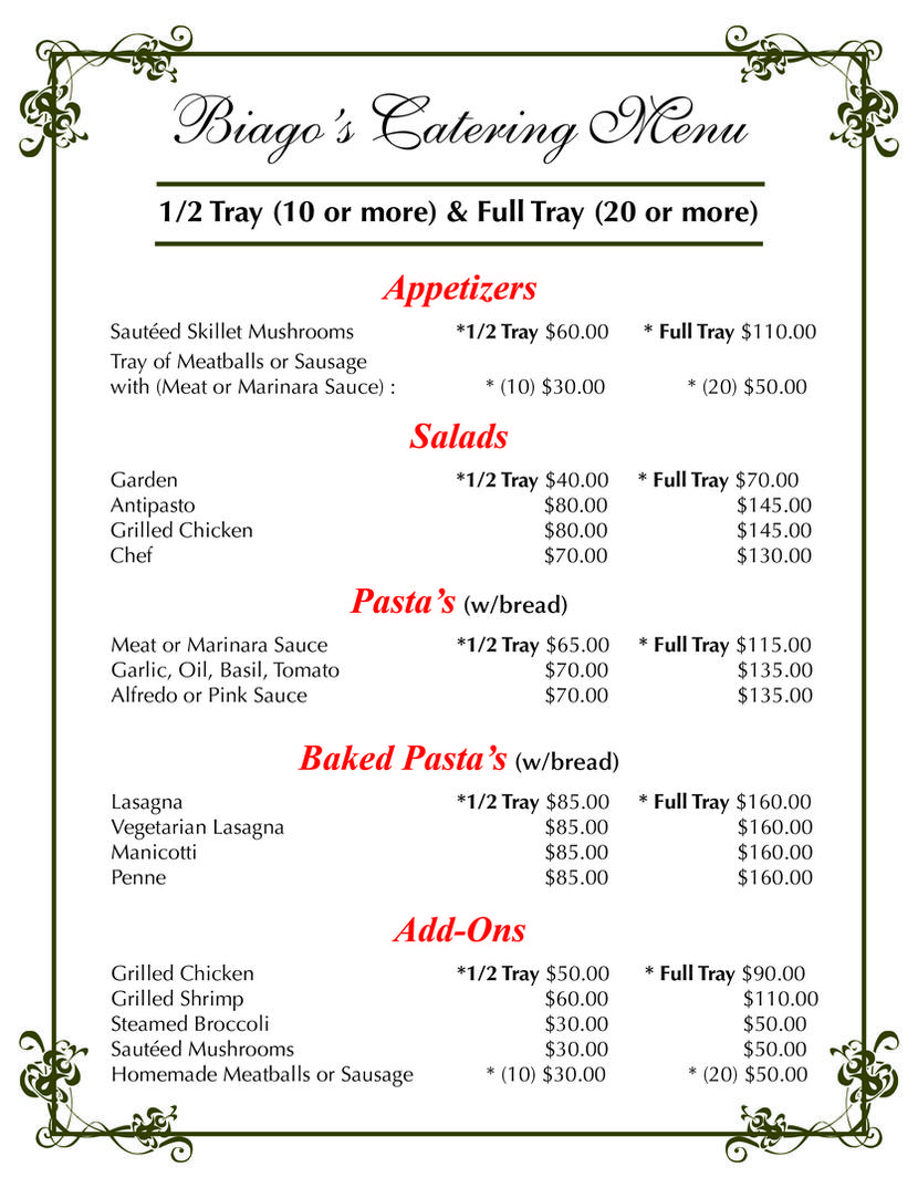 Sample Catering Menu With Prices Pdf