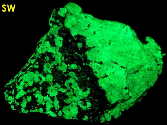 SW LW fluorescent Willemite, red Zincite, black Franklinite - Franklin Mine, Franklin, Franklin Mining District, Sussex County, New Jersey, USA - type locality