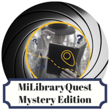MiLibraryQuest logo with a image of a detective holding an book, and the text MiLibrary Quest Mystery Edition
