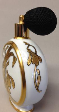 ORIGINAL DESIGN BY IRENE GRAHAM LILLY OF THE VALLEY PERFUME BOTTLE WITH ROMAN GOLD AND BLACK PENWORK DETAIL.