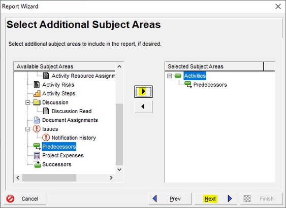 Select additional subject areas in Primavera P6 report wizard