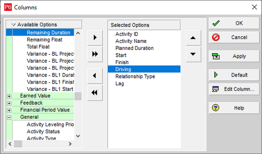 Use Primavera P6 driving options