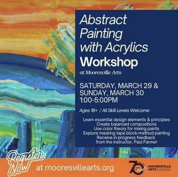 Abstract Painting Workshop flyer. Instructor Paul Farmer at Mooresville Arts March 29-30, 2025