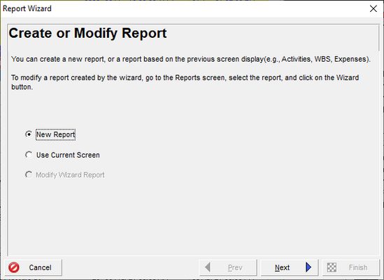 Use Primavera P6 report wizard to create or modify report