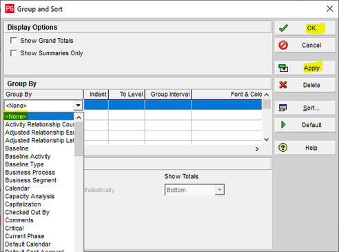 Group and sort in Primavera P6 report wizard