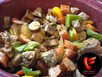 Stew Beef-Sausage-Peppers and Onions ready for Seasoning-Chef of the Future-Your Source for Quality Seasoning Rubs