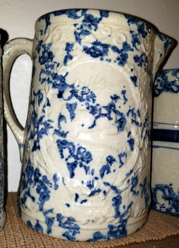 Blue and White Spongeware Stoneware Hot Water Pitcher with Stripes