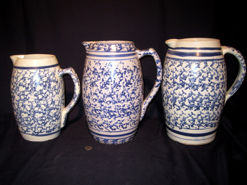 Blue and White Spongeware Stoneware Hot Water Pitcher with Stripes