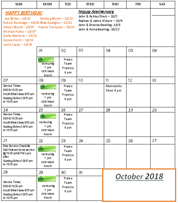 Calendar for October 2018