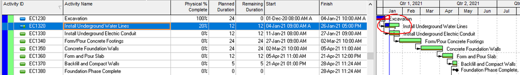 Primavera P6 Gantt chart shows suspended work