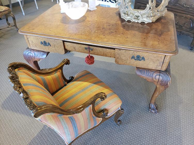 custom covered antique vintage chair pinstripe desk rumored to have been used by a former secretary of state of texas
