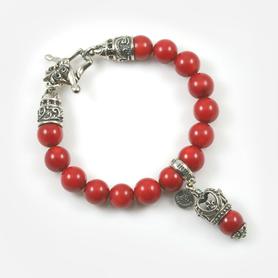 Silver Crown Charm with Green CZ 10 mm Red Natural Coral Beaded Bracelet and 20 Onyx